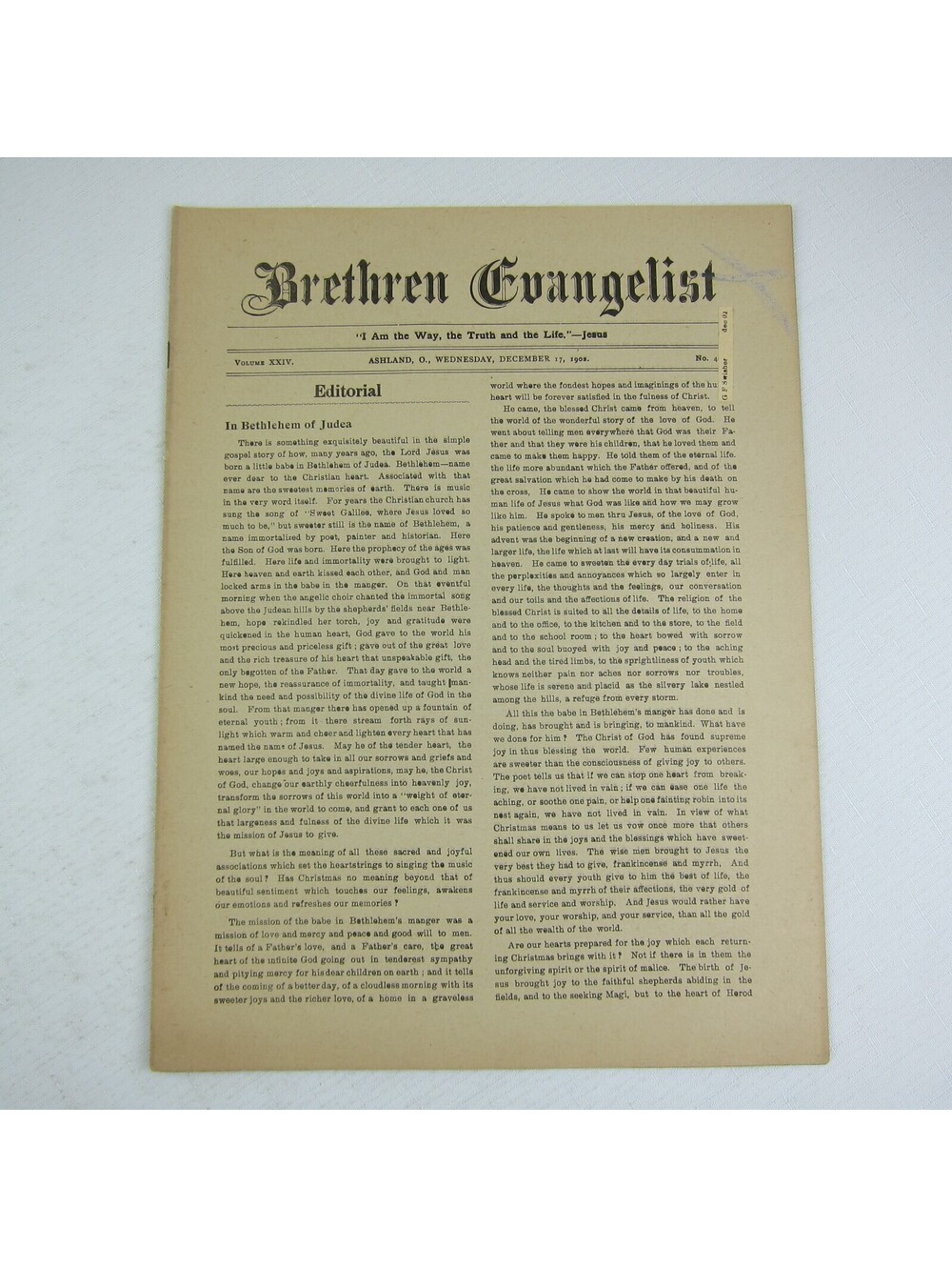 Brethren Evangelist Christian Newspaper Ashland Ohio Antique December 17th 1902